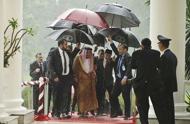Presiden Jokowi Ikut Payungi Raja Salman Saat Tiba di Istana Bogor